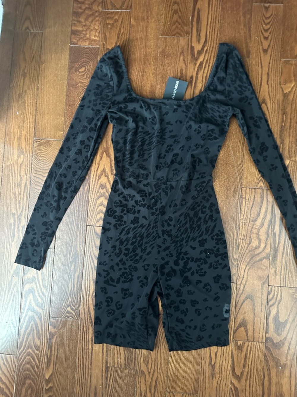 Fashion Nova Black Velvet Burnout Long Sleeve Romper - S